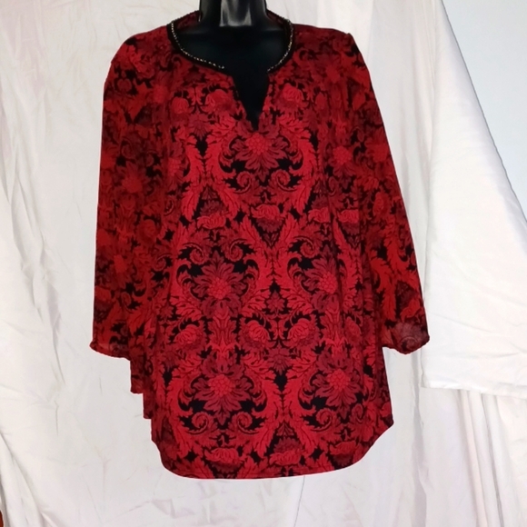 Roz & Ali Women Lovely Black Red Patterns Tunic 2X - Picture 1 of 4